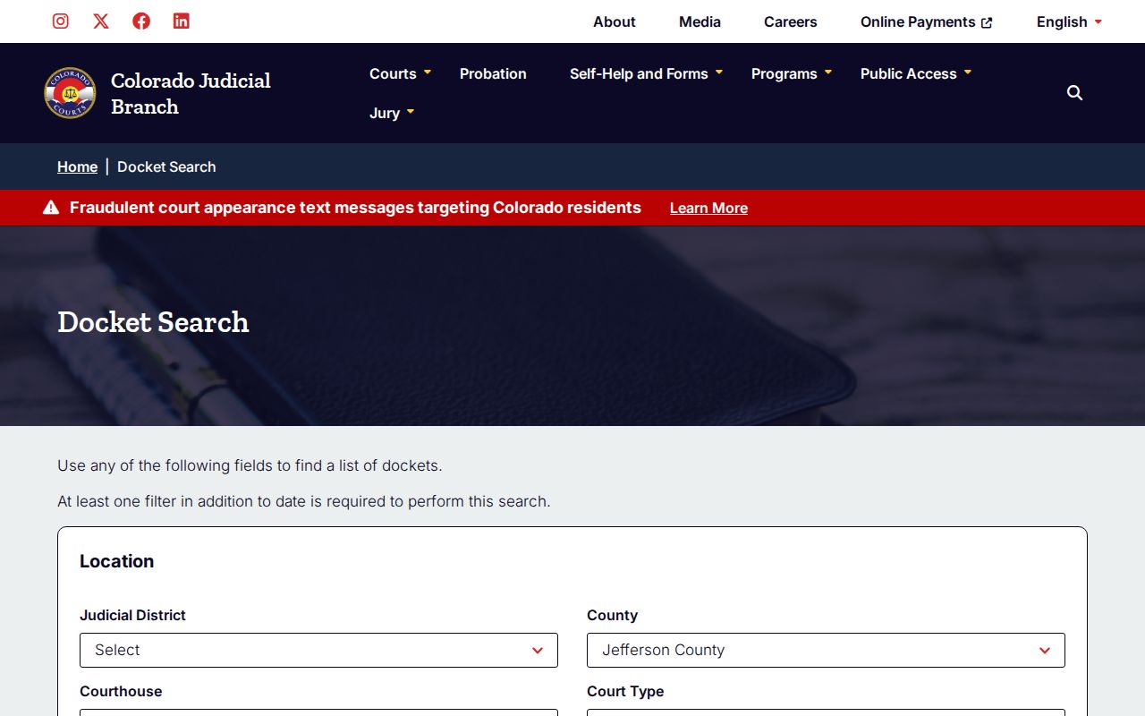 Jefferson County resident lookup Colorado Judicial docket search