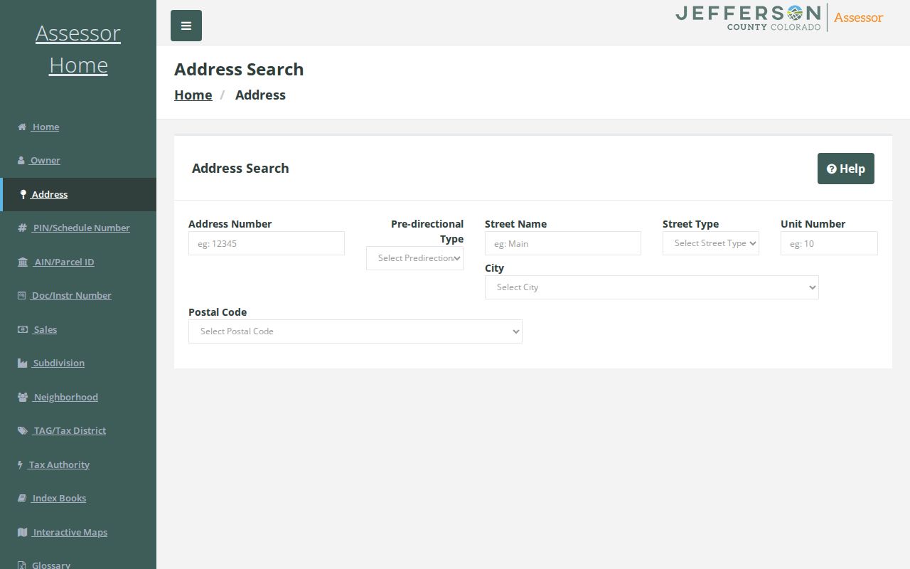 Jefferson County street directory assessor address search fields