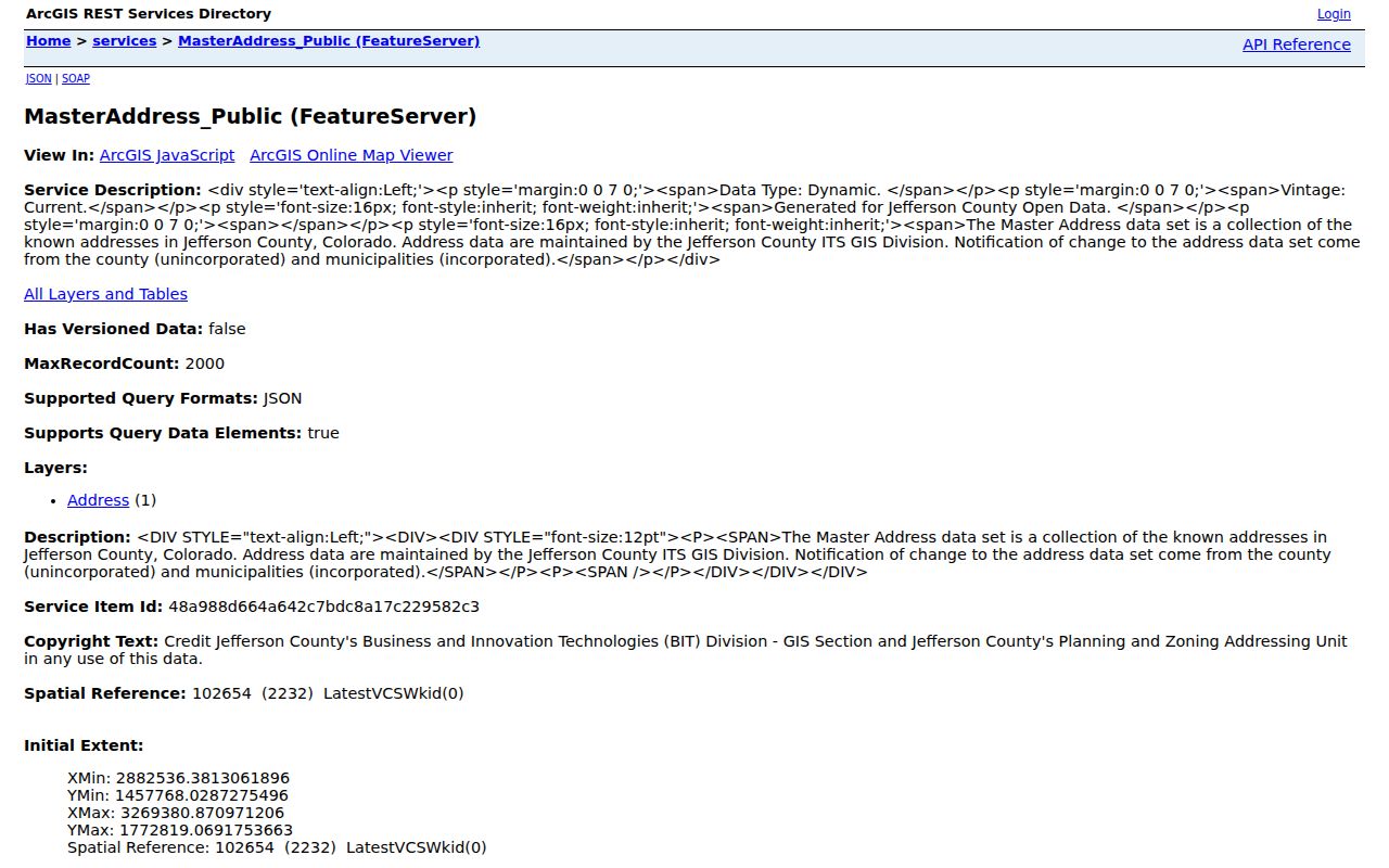 Jefferson County street directory Master Address GIS service